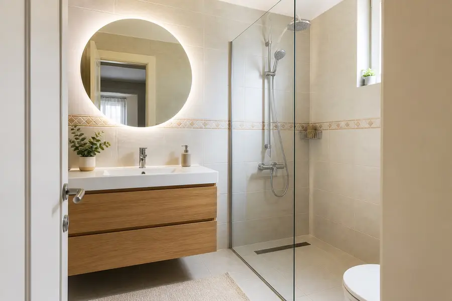 Vitrifiye, ayna ve duş alanı yenilenmiş banyo